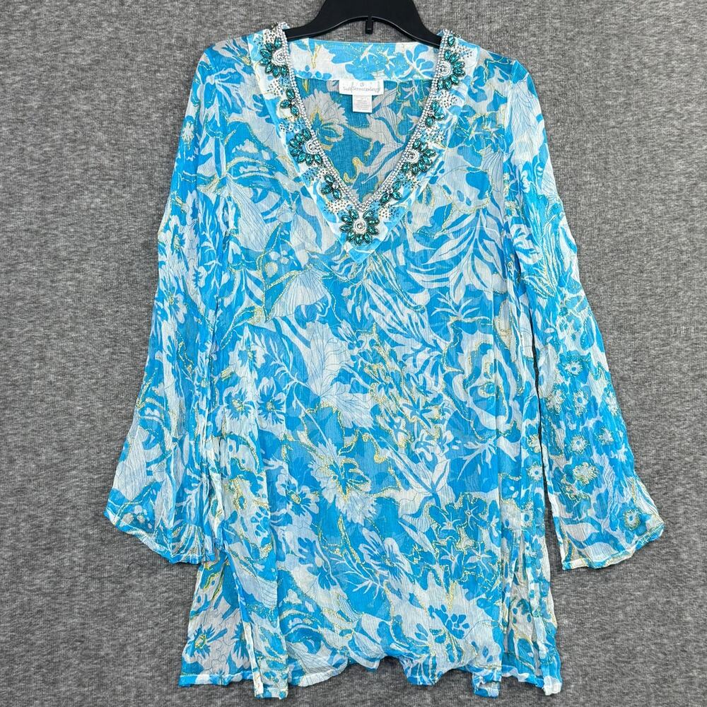 Soft Surroundings Silk Tunic Top Medium Sheer Lightweight Resortwear Blue Gold